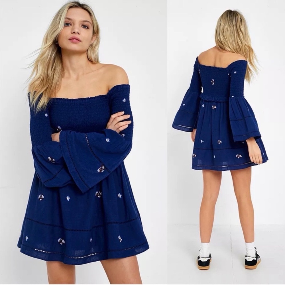 Free People Blue Embroidered Off Shoulder Dress